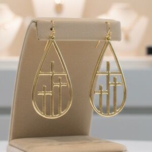 Womens Gold Cross Teardrop Hoop Earrings